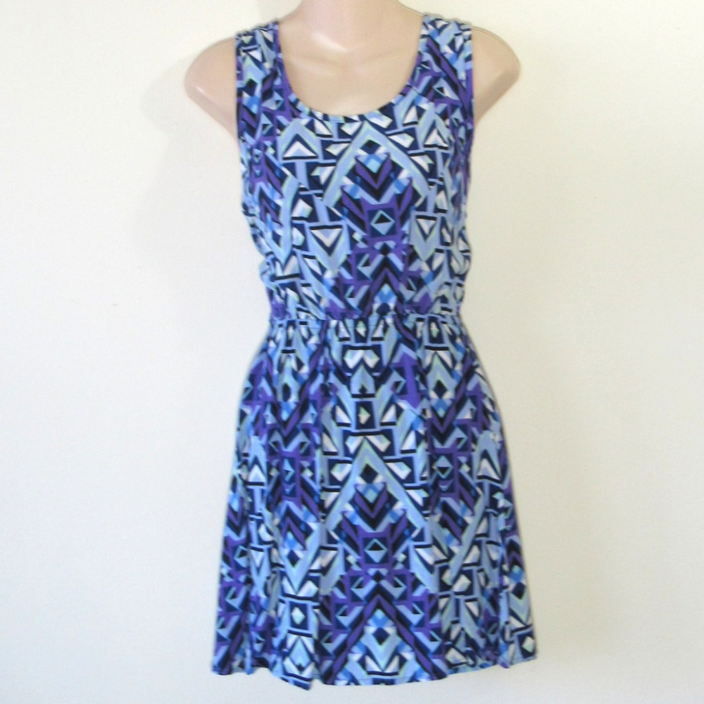 Feathers Sleeveless Dress Blue Purp Cut Out Back M